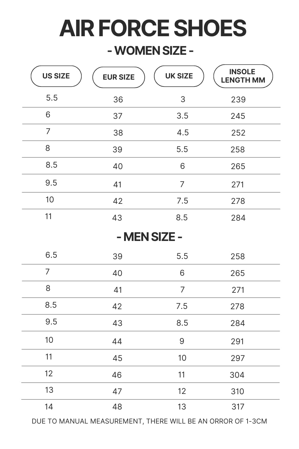 Air Force Shoes Size Chart - Red Hot Chili Peppers Shop