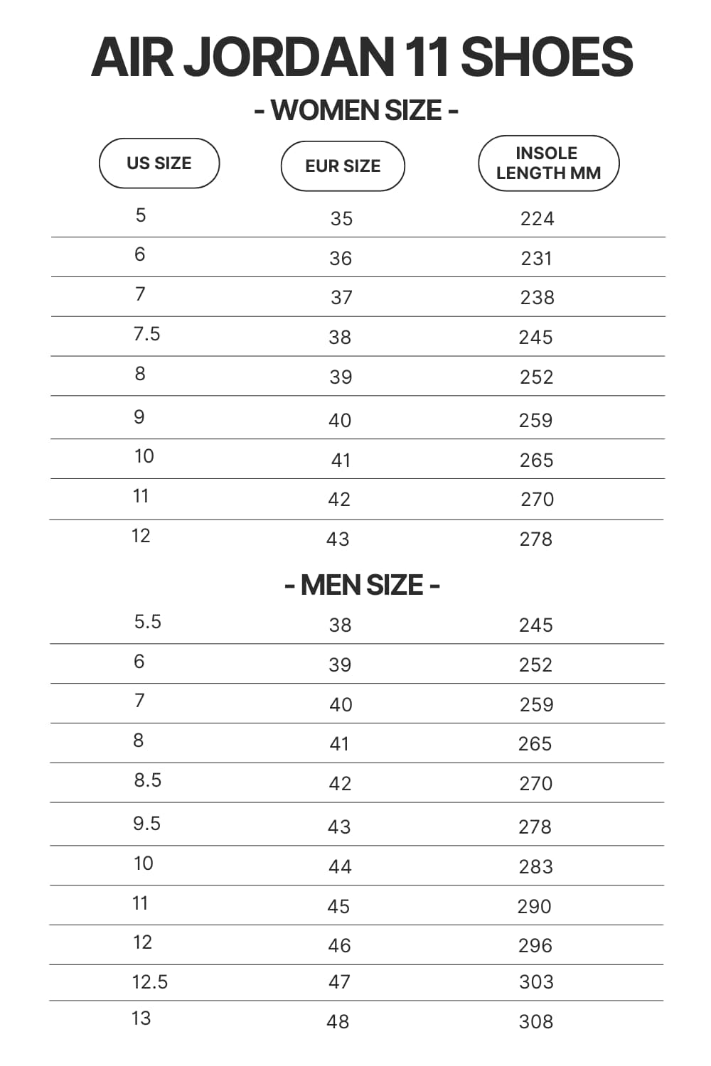 Air Jordan 11 Shoes Size Chart - Red Hot Chili Peppers Shop