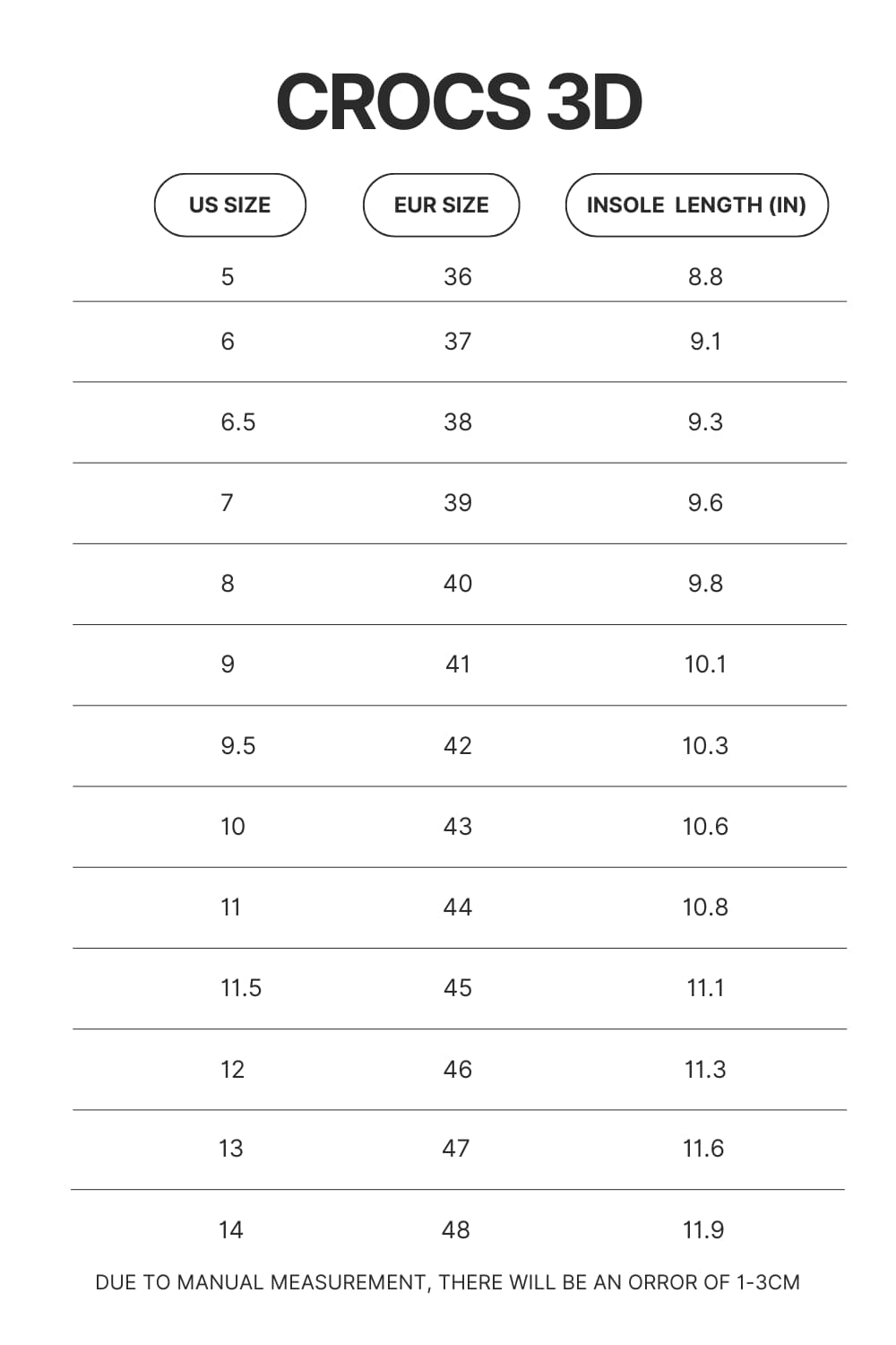 Crocs 3D Size Chart - Red Hot Chili Peppers Shop