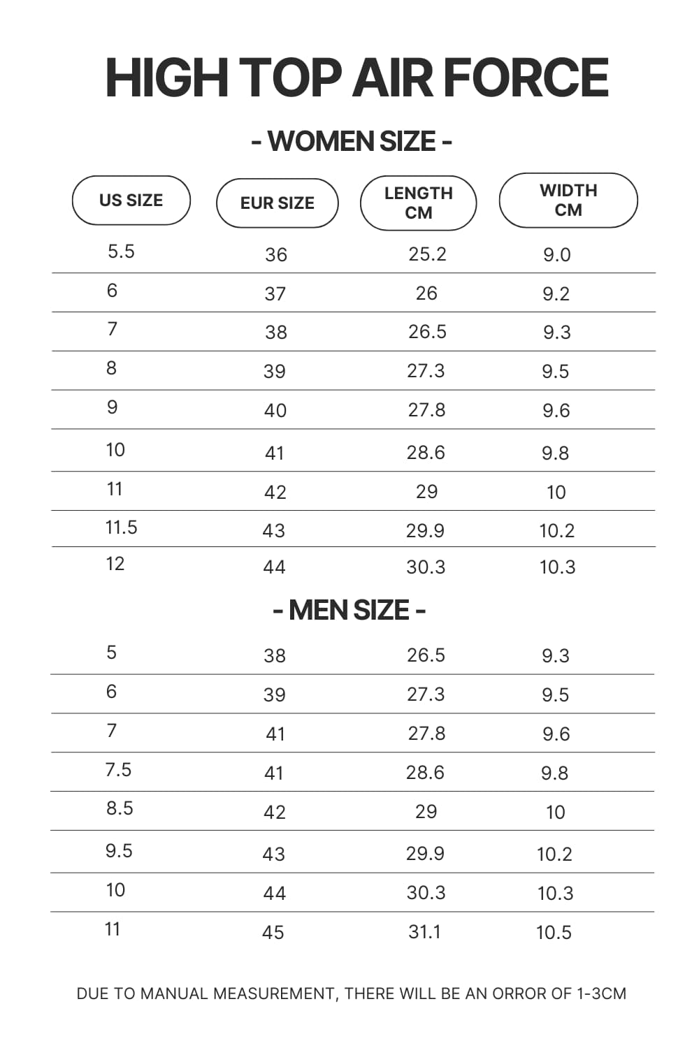 High Top Air Force Shoes Size Chart - Red Hot Chili Peppers Shop