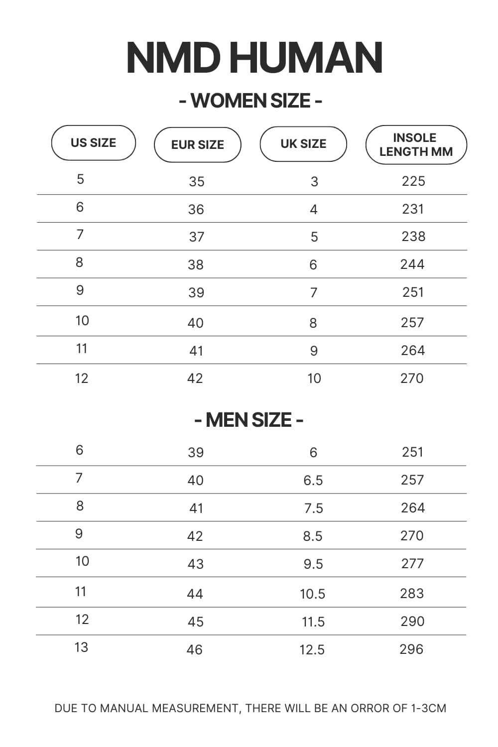 NMD Human Shoes Size Chart - Red Hot Chili Peppers Shop