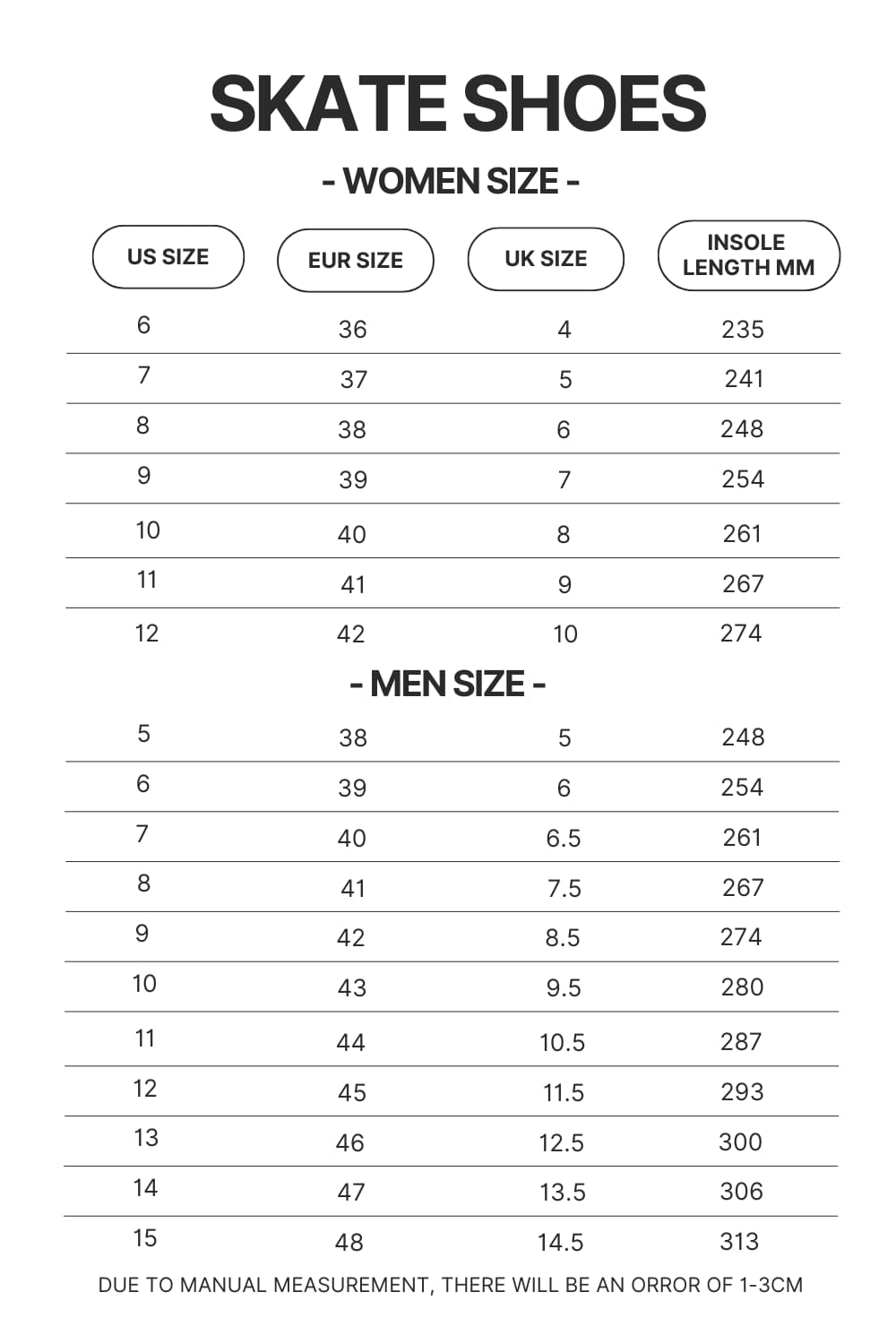 Skate Shoes Size Chart - Red Hot Chili Peppers Shop