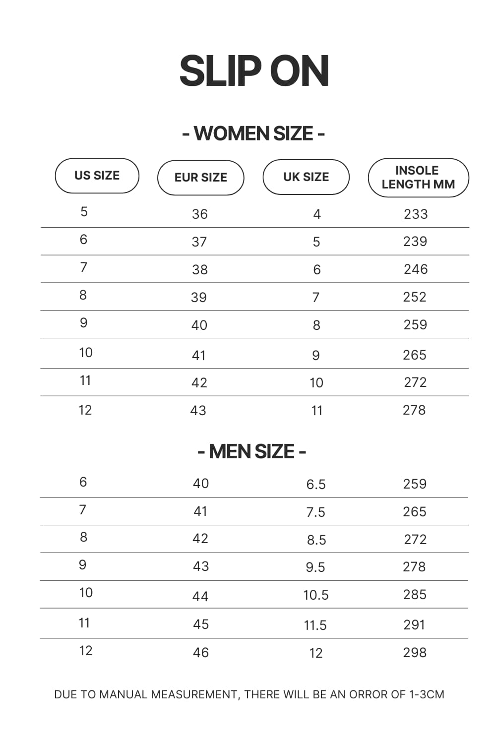 Slip On Size Chart - Red Hot Chili Peppers Shop